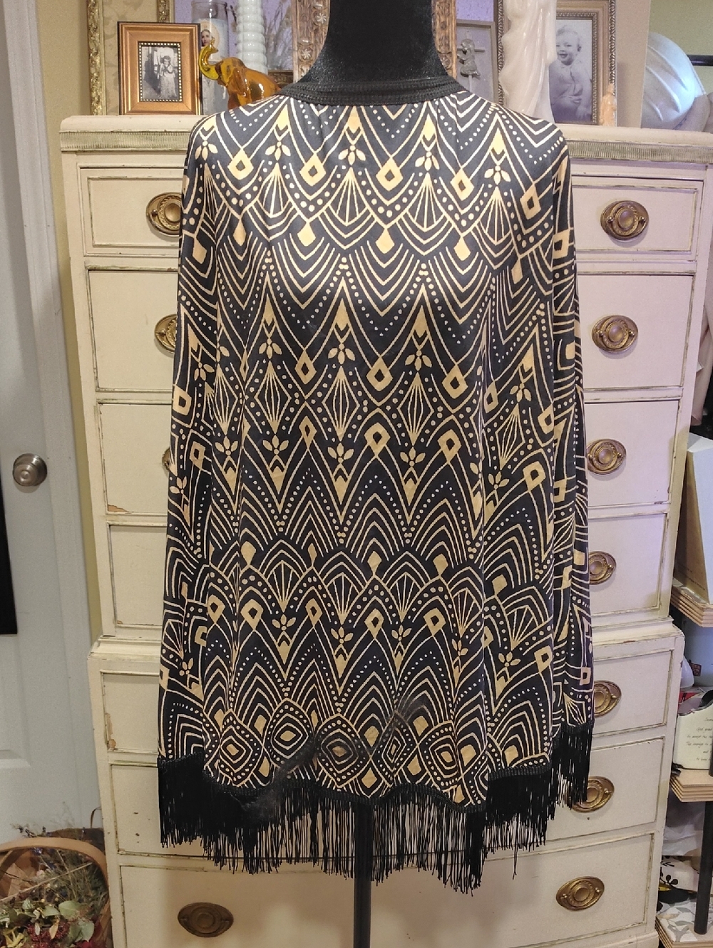 Fringe Hem Geometric Print Women's Top - Black & Cream